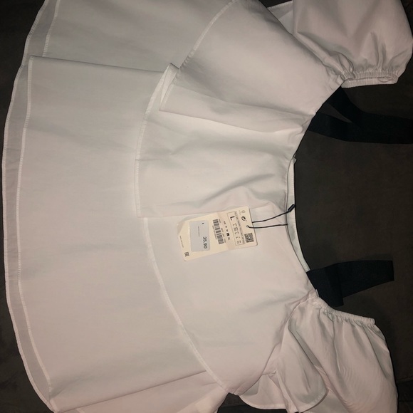 ZARA white ruffle bardot top with black straps - Picture 3 of 7